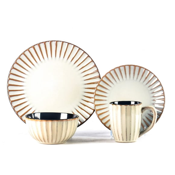 HomeVss, Osita Strip Stoneware 16pc Dinnerware Set, Reactive Glaze Golden Beige