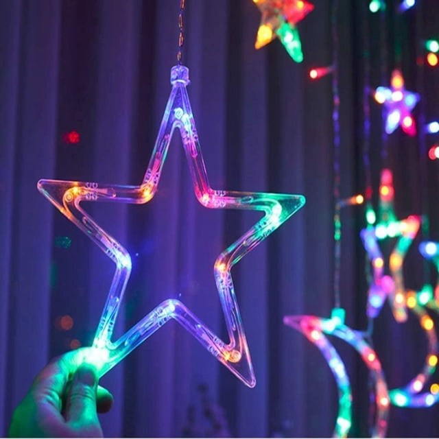 Festive Curtain Lights, Christmas Decorations String Lights Battery Operated for Indoor Decor, High Brightness Hollow Star Moon Pendants Create Romantic Atmosphere, Multicolor Linkable Fairy Lights