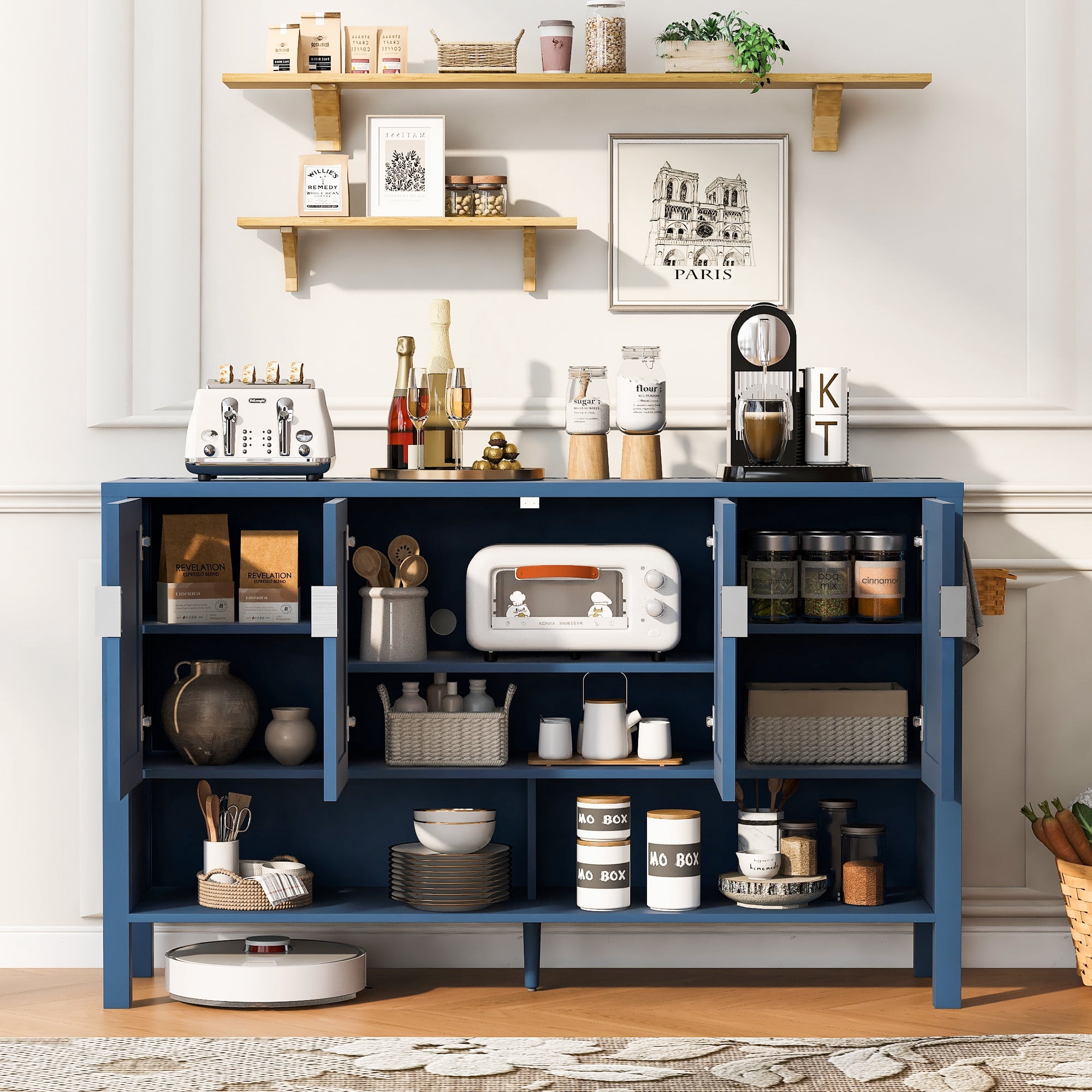 55.1" Storage Sideboard with 4-Doors, Buffet with Open Shelf and 2-Tiers Adjustable Shelves, Modern Cabinet with Double Hooks ,Suitable for Living Room, Hallway, Dining, Office