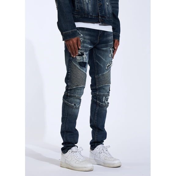 Crysp Denim Men's Skywalker Moto Distressed Rips Skinny Fit Stretch Denim Jeans (30, Dark Indigo Blue)