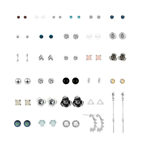 30 Pair Multiple Ear Studs Earrings Set Assorted Crystal Rhinestone Women Piercing Earrings
