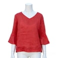 thumbnail image 4 of Htigea Women's 3/4 Flared Sleeve Linen Shirts Casual V-Neck Tops Loose Fit Breathable Vacation Tees Red XL, 4 of 5