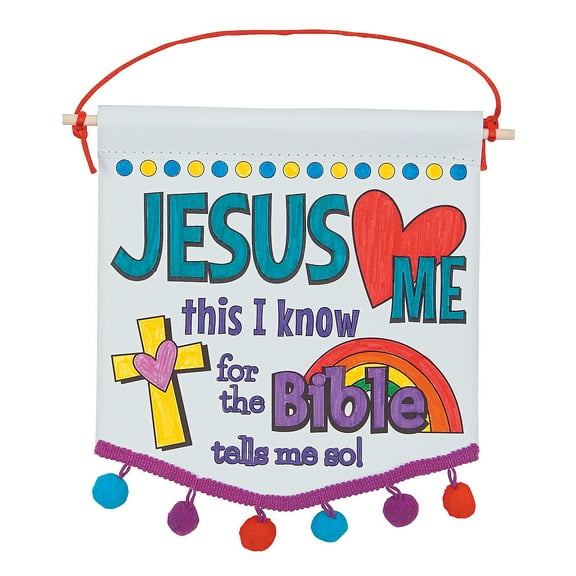 Color Your Own Jesus Loves Me Banner W/ Pom Trim - Craft Kits - 12 Pieces