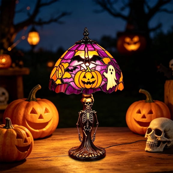Diceymbol Halloween Tiffany Style Stained Glass Lamp with Skeleton Base Spooky Decor for Table Patio Yard Home Halloween Home Decorations 11 Inch