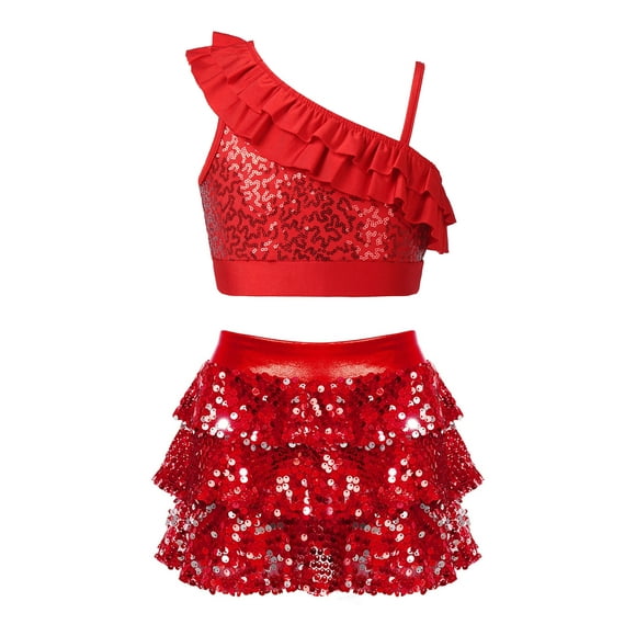 Miutii Sequin Dance Outfit for Girls Ballet Gymnastics Crop Top with Skirted Shorts Set Latin Jazz Dancewear Red 14
