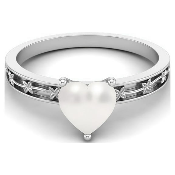 0.67 Cts Heart Shape Pearl Gemstone 925 Sterling Silver Solitaire Flower Engraved Shank Engagement Valentines Day Gifts Women Love Ring