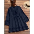 thumbnail image 3 of Womens 3/4 Sleeve Shirts Cotton Linen Roll Up Short Sleeve Tops V Neck Casual Loose Fit Blouses Navy Blue XXXL, 3 of 5
