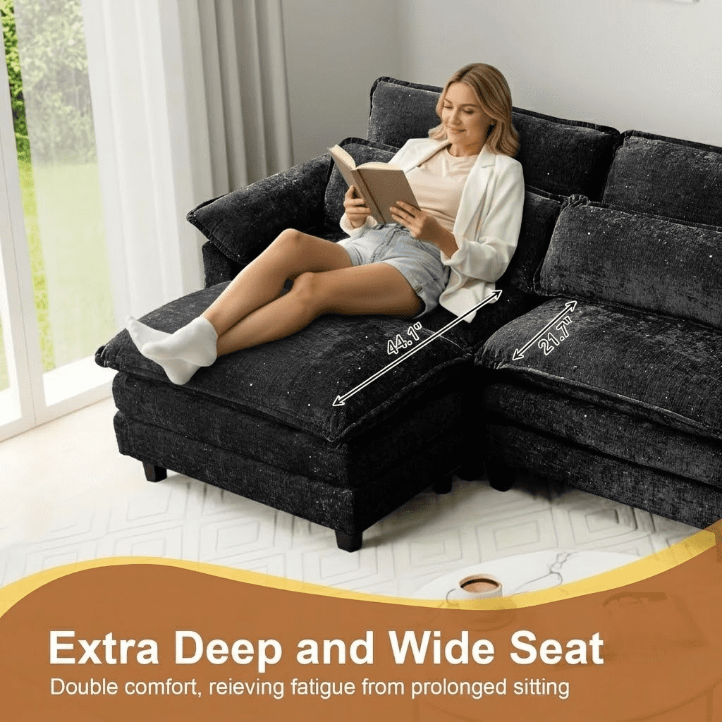 Howcool 113" Modular Sectional Sofa, L-Shaped 3 Seater Cloud Couch with Movable Ottoman, Deep Seat Chenille Sofa with USB Charging Ports & Side Pockets for Living Room, Black