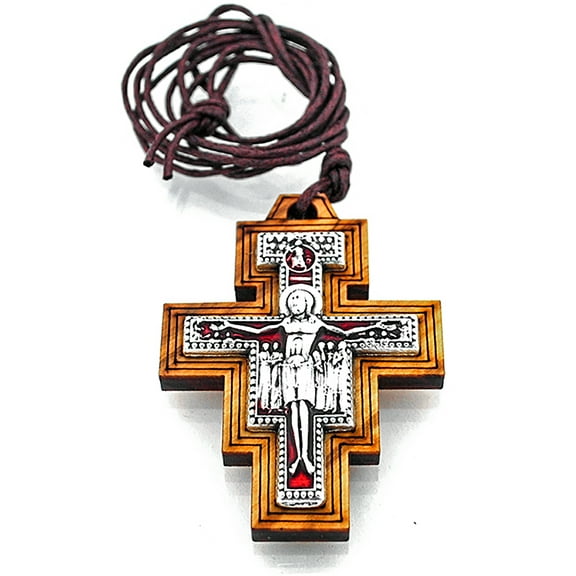 2" Olive Wood San Damiano Cross Necklace with Red Enamel