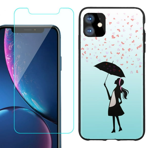 For Apple iPhone 11 Phone Case , Slim-Fit TPU Protective Case (Black), with Tempered Glass Screen Protector, by OneToughShield ® - Rain/Hearts