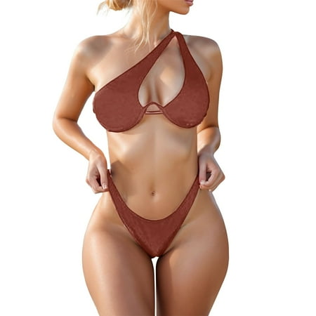 Lqideymx High Waisted Thong Bikini Sets for Women Plus Size Women s Bikini Sets Cutout One Shoulder Top with Mid Waist Two Piece Bathing Suit Graduation Gifts Promotion Sale Clearance