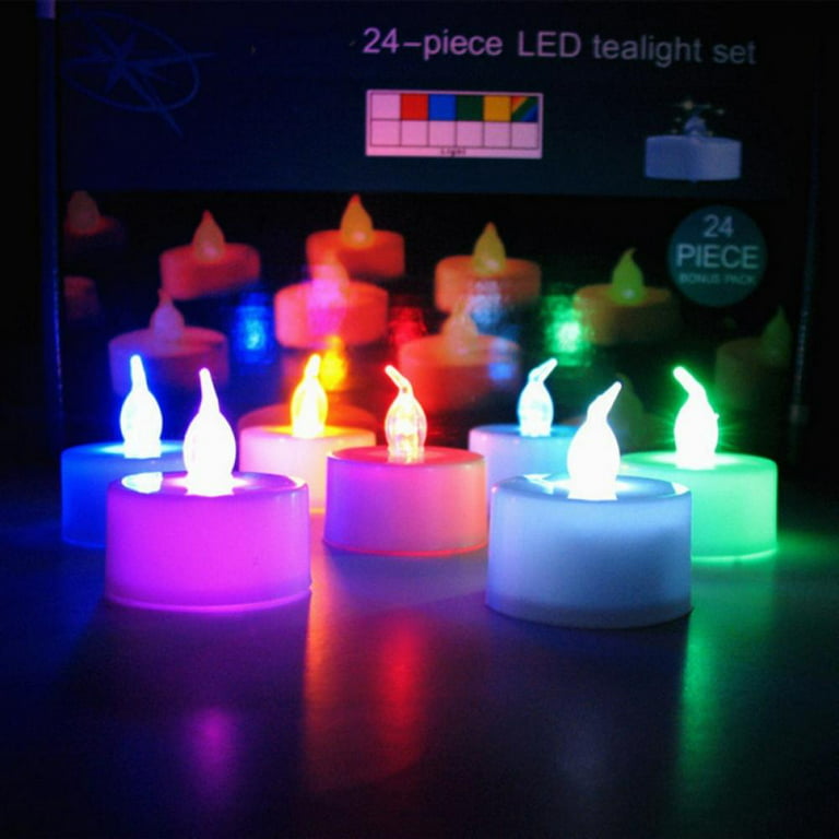 LED Tea Lights Candles Bulk, Set of 6 Battery Tea Lights, Long-Lasting Battery Operated Multi-Colored Tea Lights, White Base, Batteries Included, Size