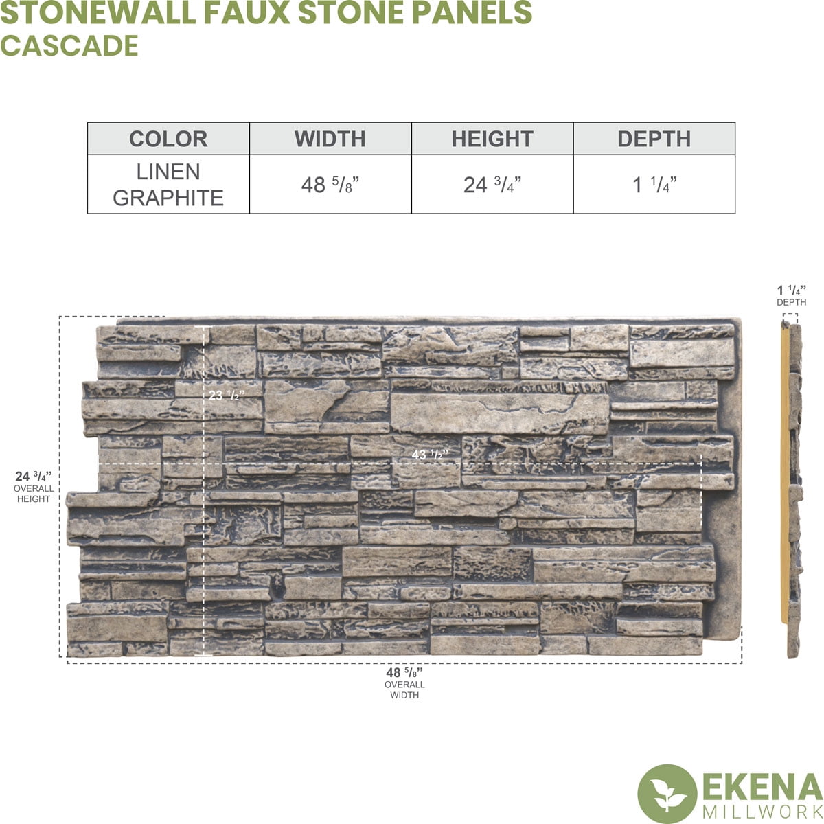 Ekena Millwork 48 5/8"W x 24 3/4"H x 1 1/4"D Cascade Stacked Stone, EverStone Faux Stone Siding Panel, Linen Graphite