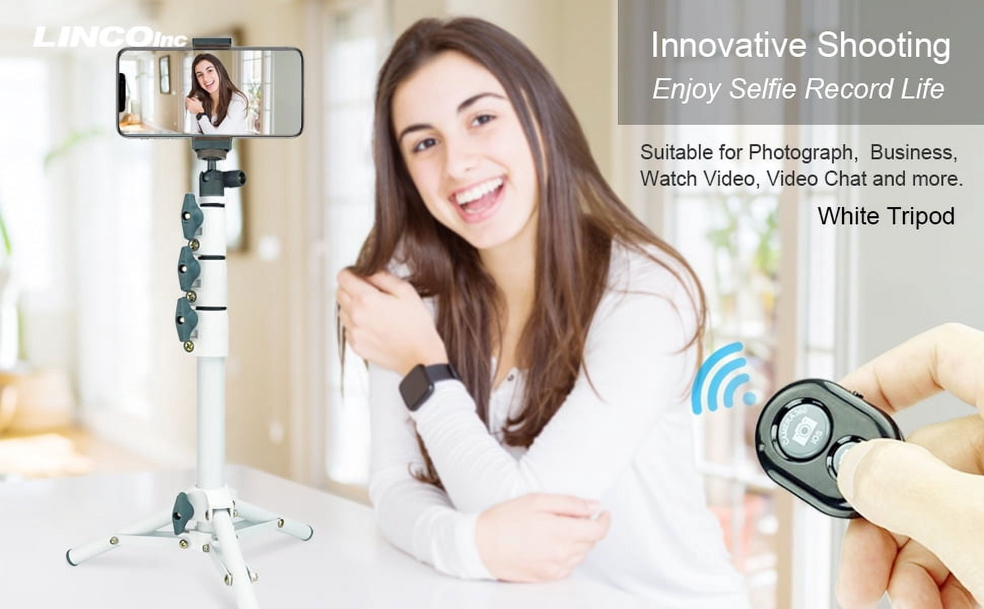 LINCO Selfie Stick 40” Extendable Selfie Stick Tripod with Bluetooth Wireless Remote Shutter for iPhone Samsung-White
