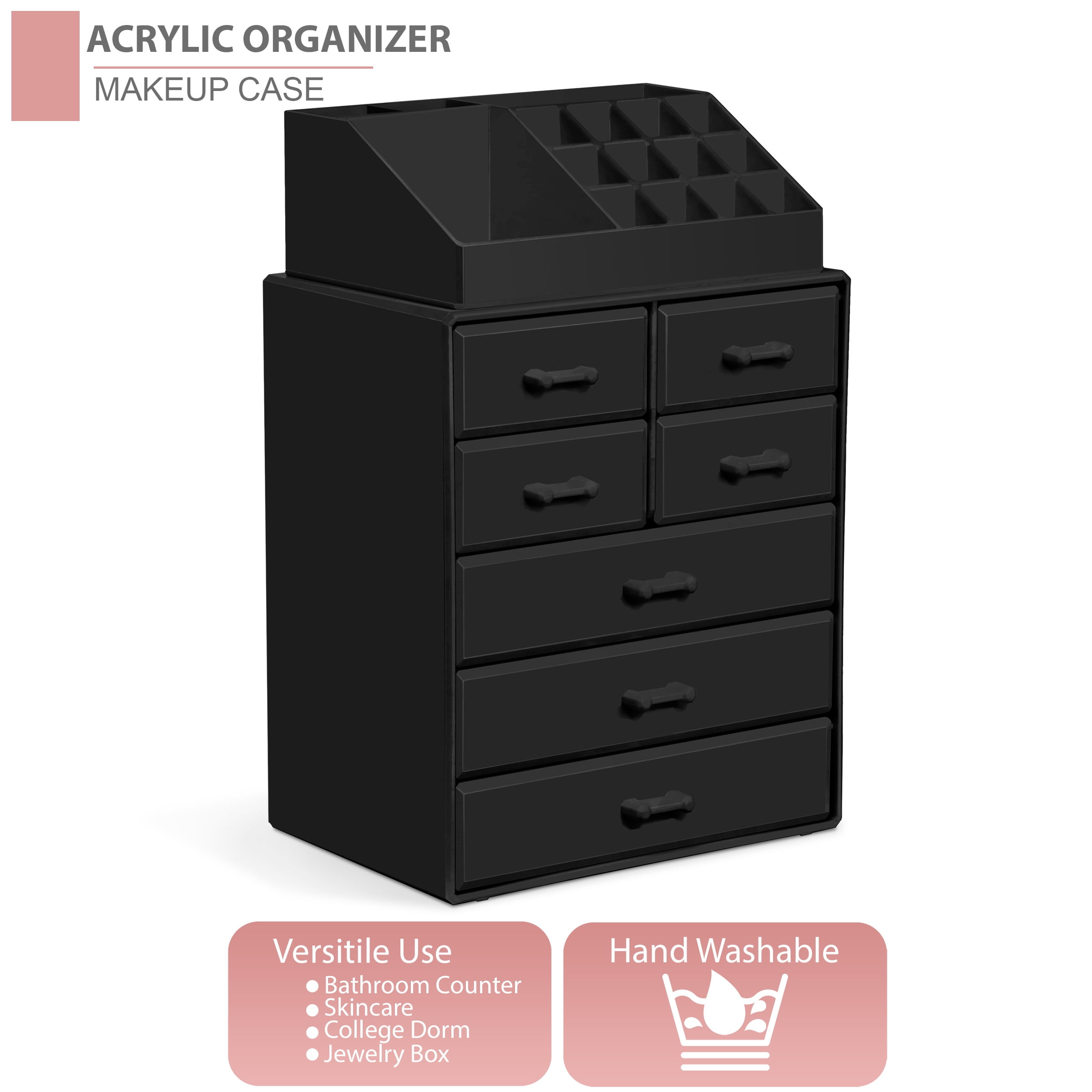 Sorbus Makeup Organizer, Acrylic Storage Case with 3 Large & 4 Small Drawers, 16 slots, Black