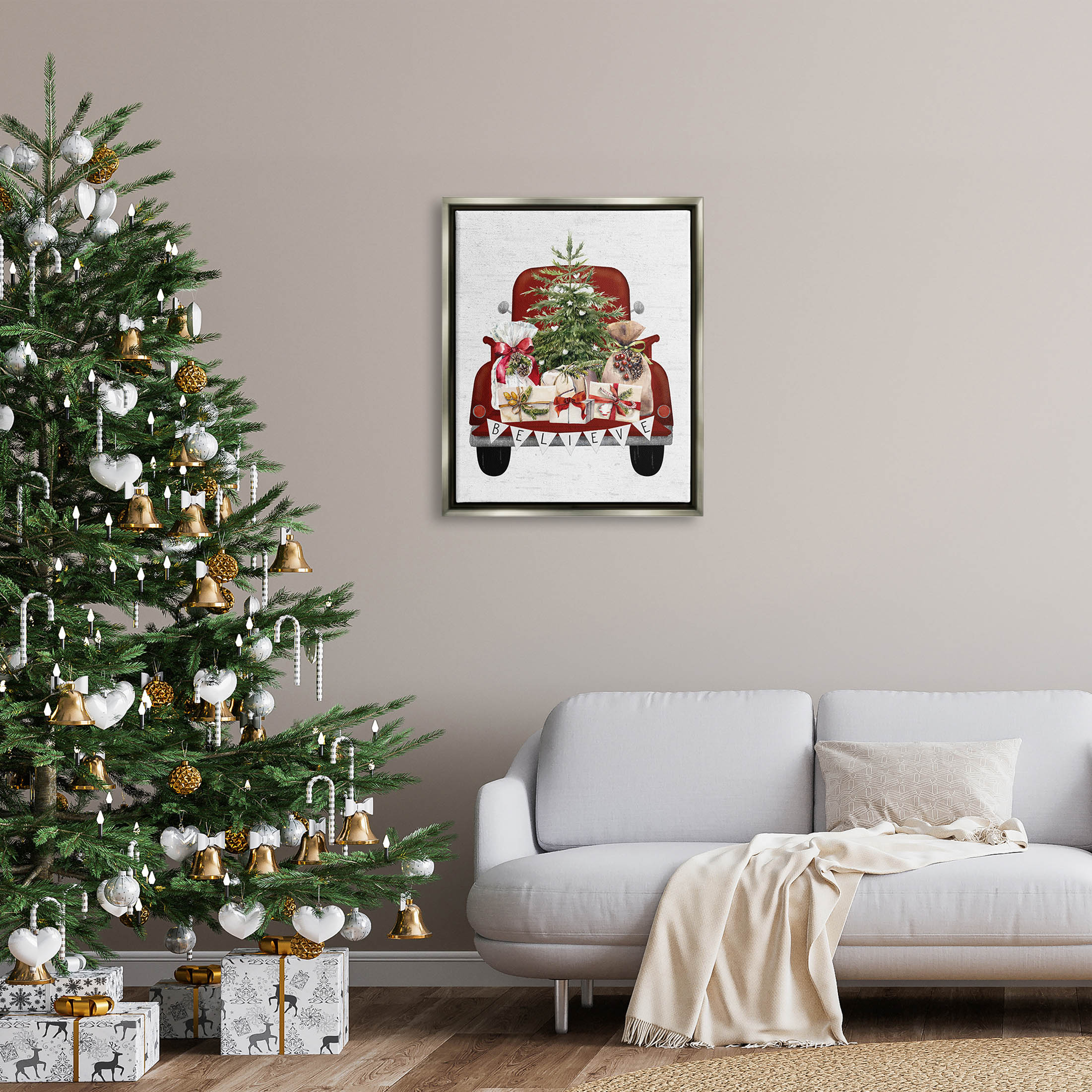 Stupell Industries Believe Seasonal Christmas Truck Graphic Art Luster Gray Floating Framed Canvas Print Wall Art, Design by Lettered and Lined