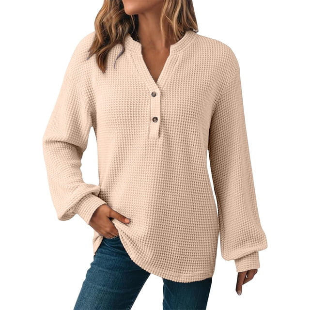 Women's Solid Color Buttoned V-Neck Casual Pullover Hooded Drawstring Shirt