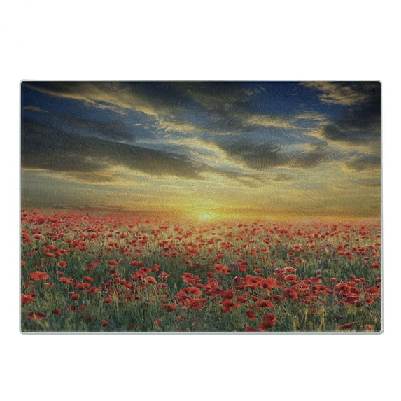 Flower Cutting Board, Poppy Field Sunset Sky Evening View Golden Yellow Sun Rays Dark Clouds Graphic Art, Decorative Tempered Glass Cutting and Serving Board, Small Size, Multicolor, by Ambesonne