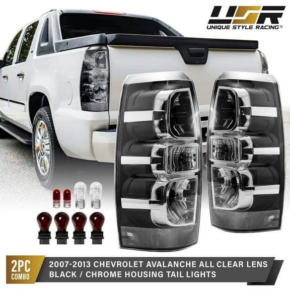 CLEAR Lens Chrome/Black Housing Tail Light (L R) Pair For 07-13 Chevy Avalanche