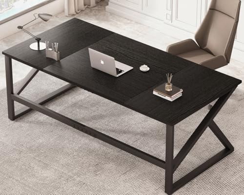 IBF Long Black Computer Desk, Large Executive Office Desk for 2 People Work Writing Study, 70 Inch  Metal Wood Dual Monitor Desk Workstation, Modern Simple Double PC Gami