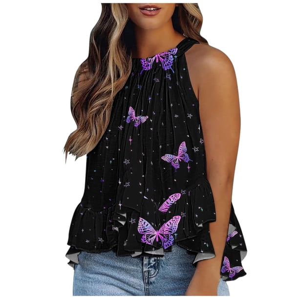 Casual mujer sin mangas estampado cuello redondo Tops damas blusa volantes chaleco corto Pompotops lopia991411