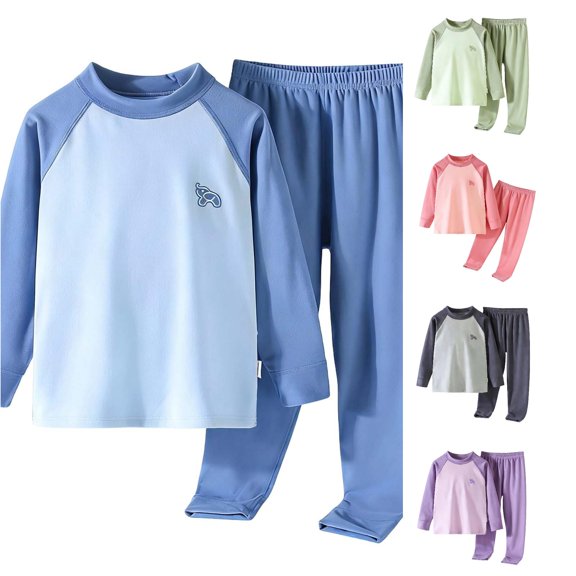 MEZZALL Boys Thermal Patchwork O-Neck Long Sleeve Tops And Pants Kids Warm Base Layer Sleepwear Home Loungewear For Children Birthday Pajamas Sets