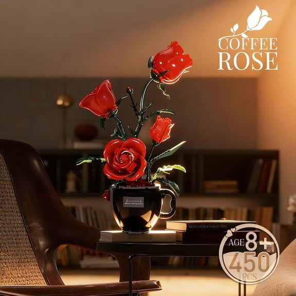 Ideas Coffee Cup Rose Building Block Flower DecorationDIY Home Decoration Kit for AdultsFlowers Home Decor- 450PCS