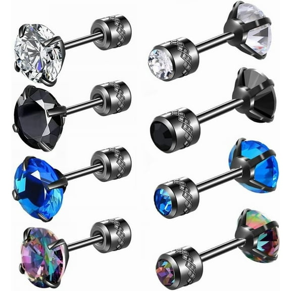 4 Pairs Titanium Screw Back Surgical Stainless Steel Earrings for Women Men,Rainbow 5A Cubic Zirconia Studs Double Side Earrings Piercing Sleeper Jewelry 6mm