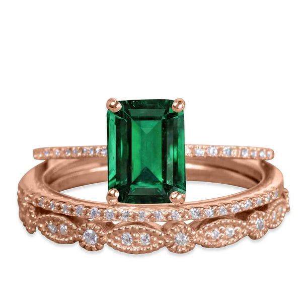 Jeenmata 2 Carat Rectangle Natural Vivid Green Emerald Trio Wedding Ring Set 18k Rose Gold Over Silver Walmart Com Walmart Com