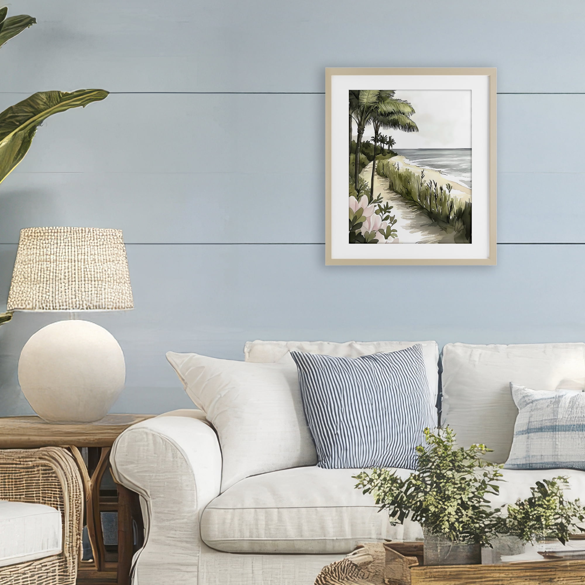 Stupell Industries Coastal Calm Palm Tree Pathway Birch Framed Print Under Glass, design by Riley B