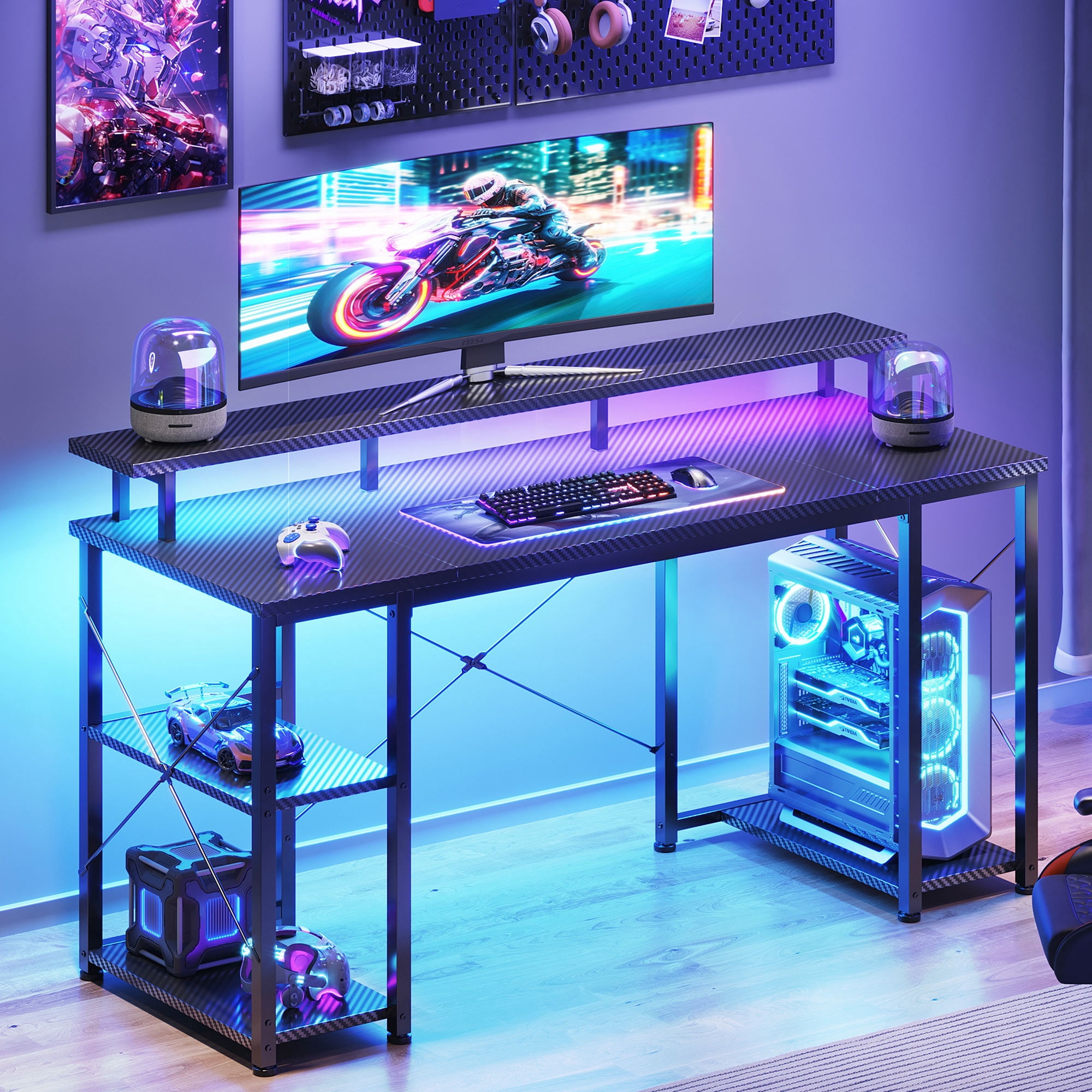 Casacomoda 48 Inch Gaming Desk with LED Lights, Computer Desk with Monitor Stand, Storage Shelves and CPU Stand, Home Office Desk, Black