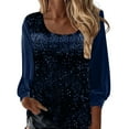 thumbnail image 3 of YOIAVAIOY Women's Sequin Tops Sheer Long Sleeve Glitter Sparkly Lounge Blouse Velvet V-Neck Dressy Tops for Evening Party Navy M, 3 of 6