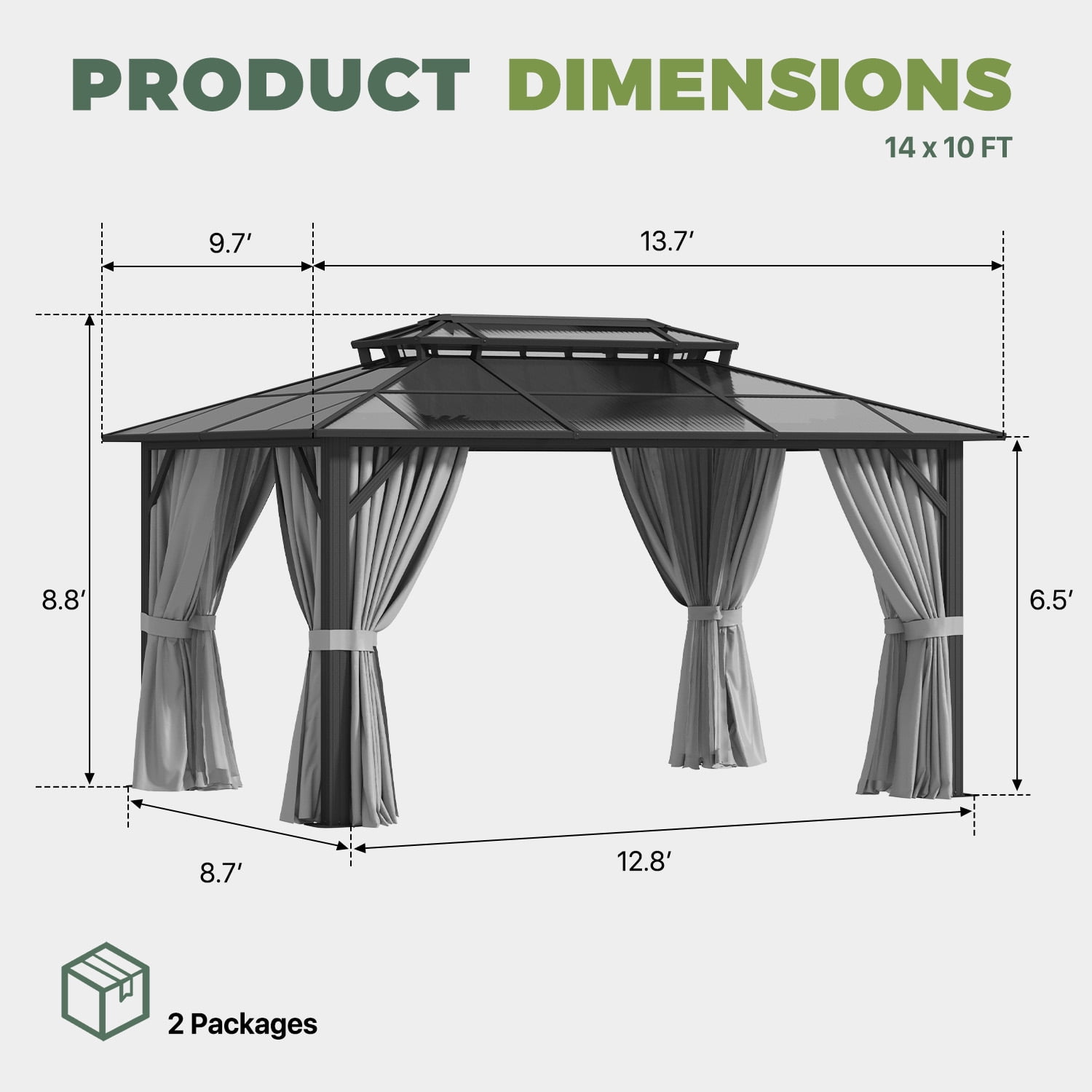 BaPiPro 14x10 FT Outdoor Gazebo, Double Roof Polycarbonate Hardtop, Iron Frame, Black & Gray, UV Protected, Weather Resistant, for Patio Backyard Deck Lawn