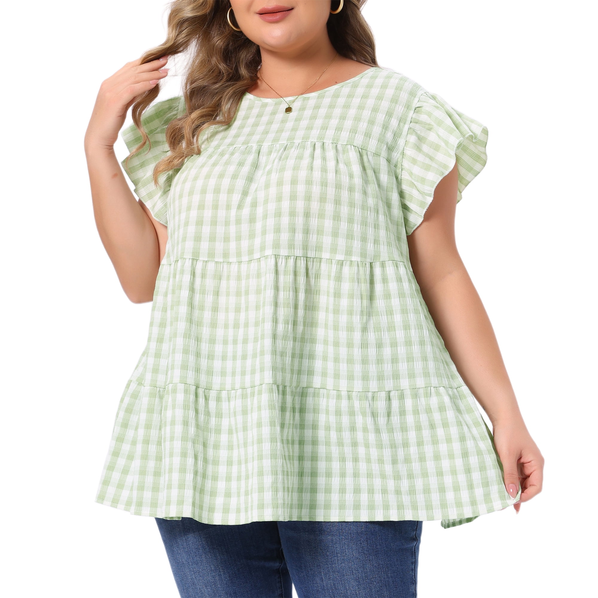 DARING DIVA Women's Plus Women's Gingham Top 1950s Crew Neck Flare  Blouse 3X Green