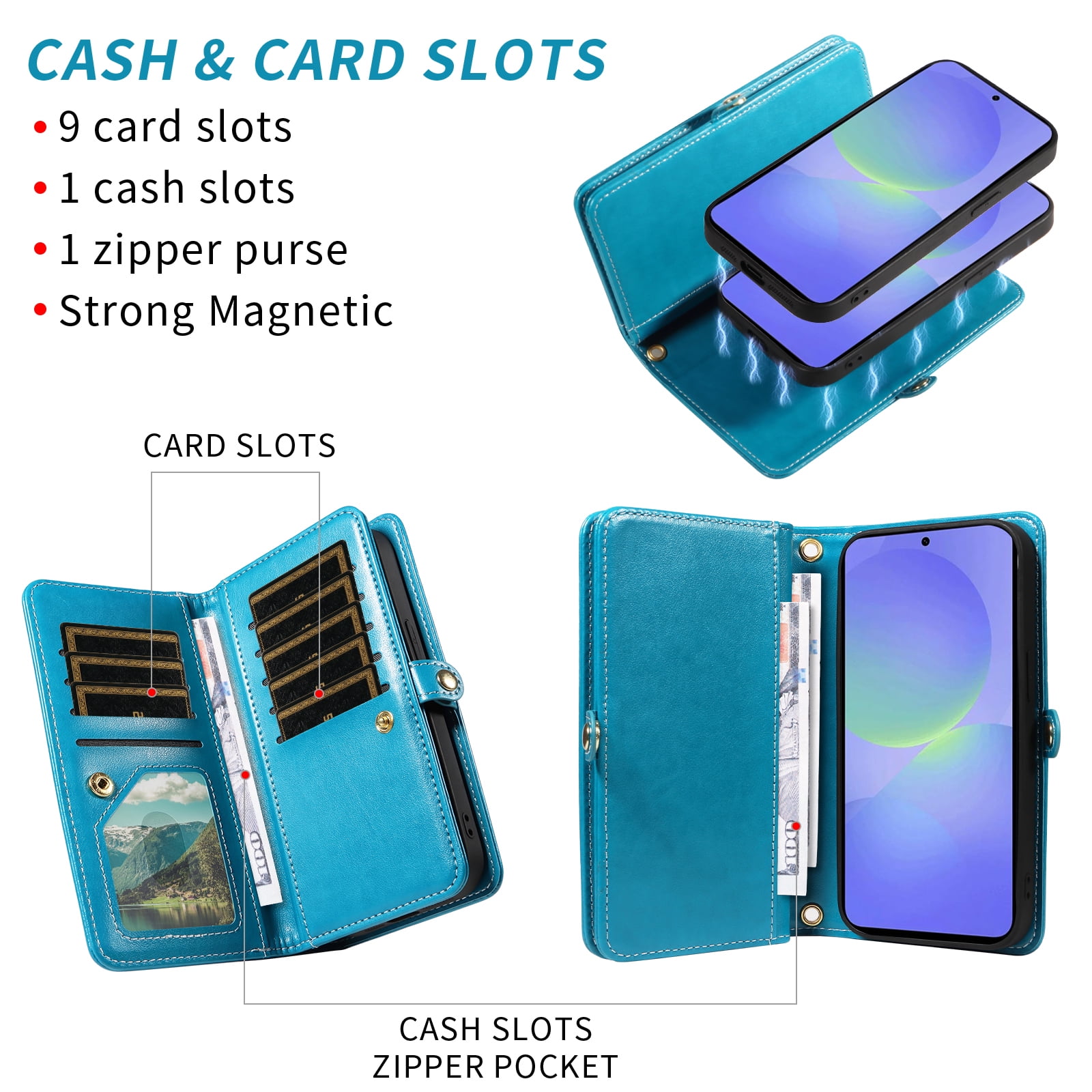 Asuwish Phone Case for Samsung Galaxy A36 5G Zipper Wallet Detachable Cell Cover with Tempered Glass Screen Protector Crossbody Lanyard Strap Flower Flip Card Holder A 36 36A LTE SM-A366U Women Blue