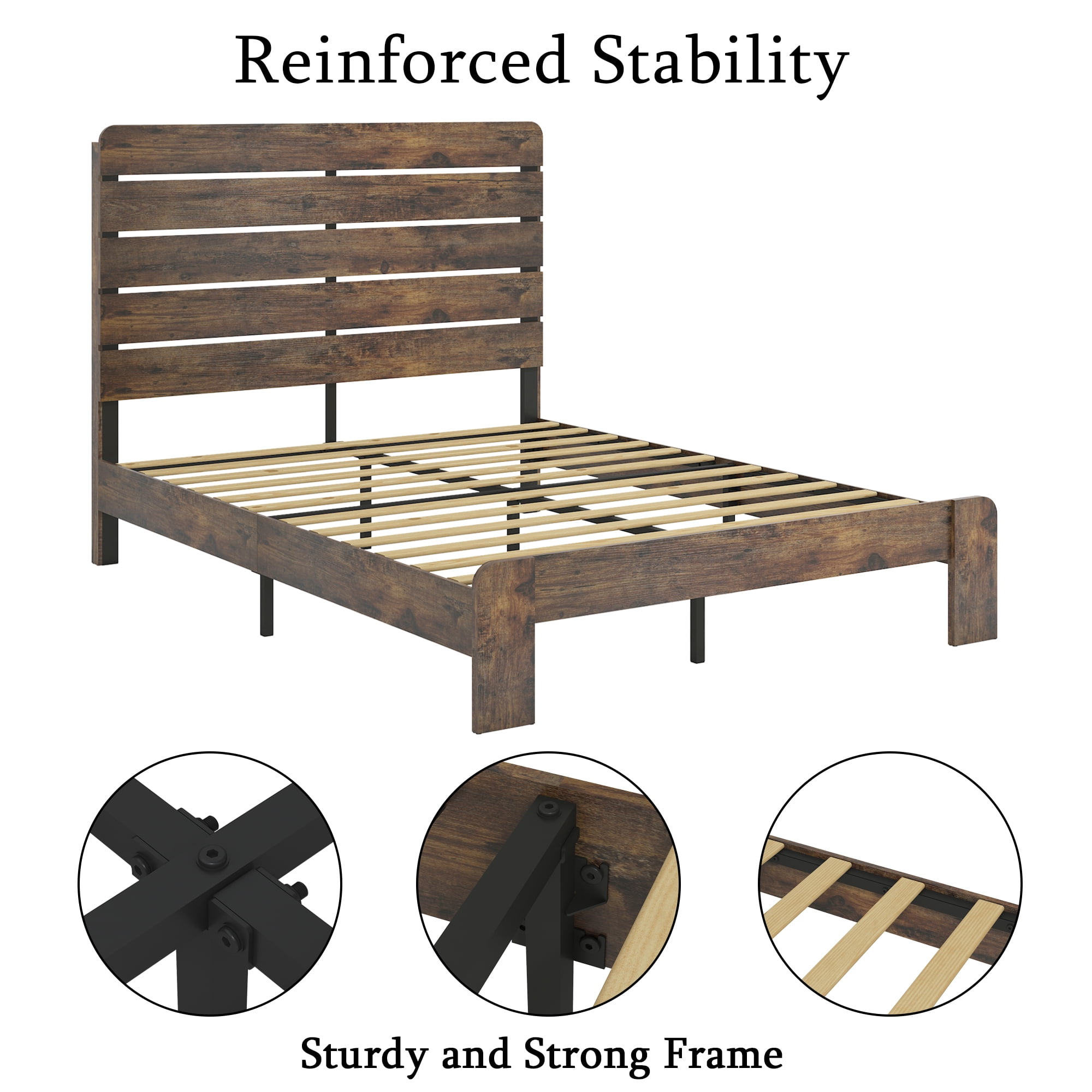 Miniyam Queen Size Wood Platform Bed with High Headboard for Adult, Rustic Vintage