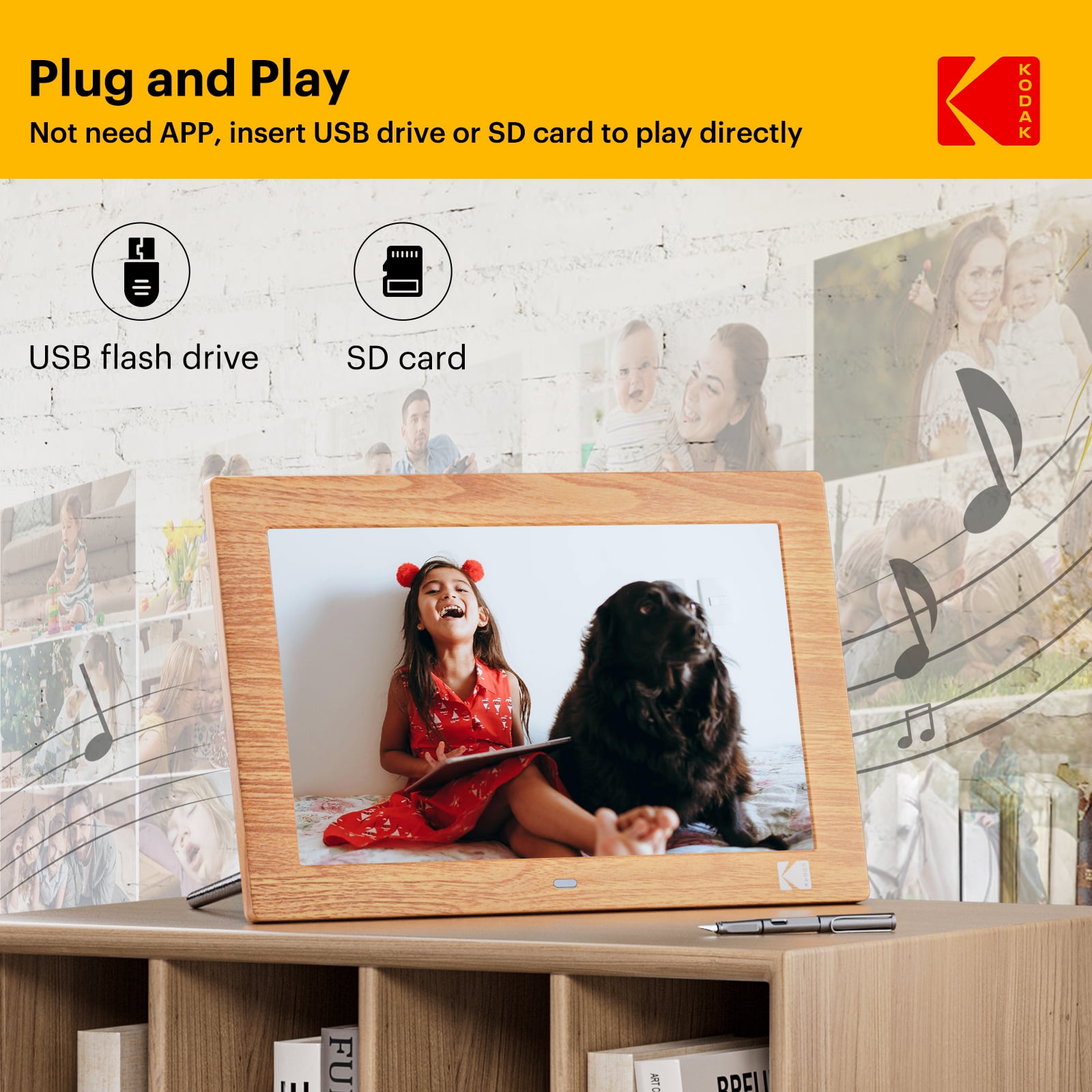 Kodak, 10.1 Inch Wood Digital Photo Frame, Brown with Auto-Rotate