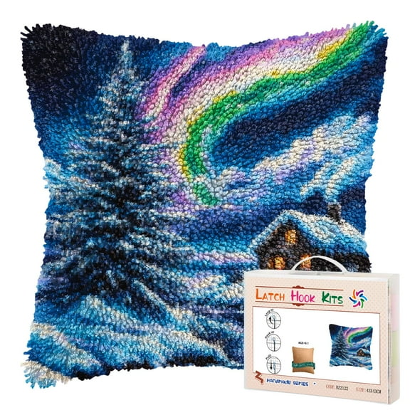 DIY Latch Hook Pillow Kits Northern Lights Winter Snow Cottage Printed Pillowcase Crochet Yarns Hooking Handmade Pillow Cover Cushion for Home Sofa Decoration 17x17inch-1