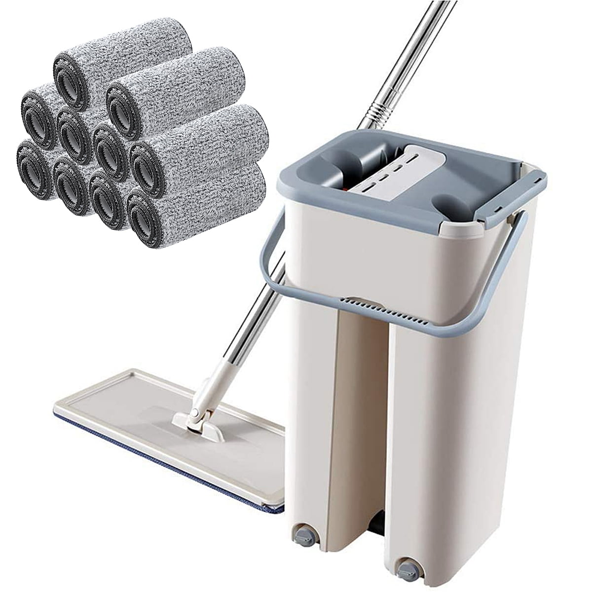 Foldable Flat Mop and Buckets Set with 10 Squeegee Mop Pads, Wash and Dry Flat Mop Cleaning
