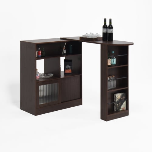 Modern Bar Cabinet with Rotating Top, Counter Height Dining Cabinet with 6 Storage Space and 2 Ribbed Glass Door for Kitchen, The Rotating Top with 3 Storage Shelves Dining Room, Living Room (Walnut)