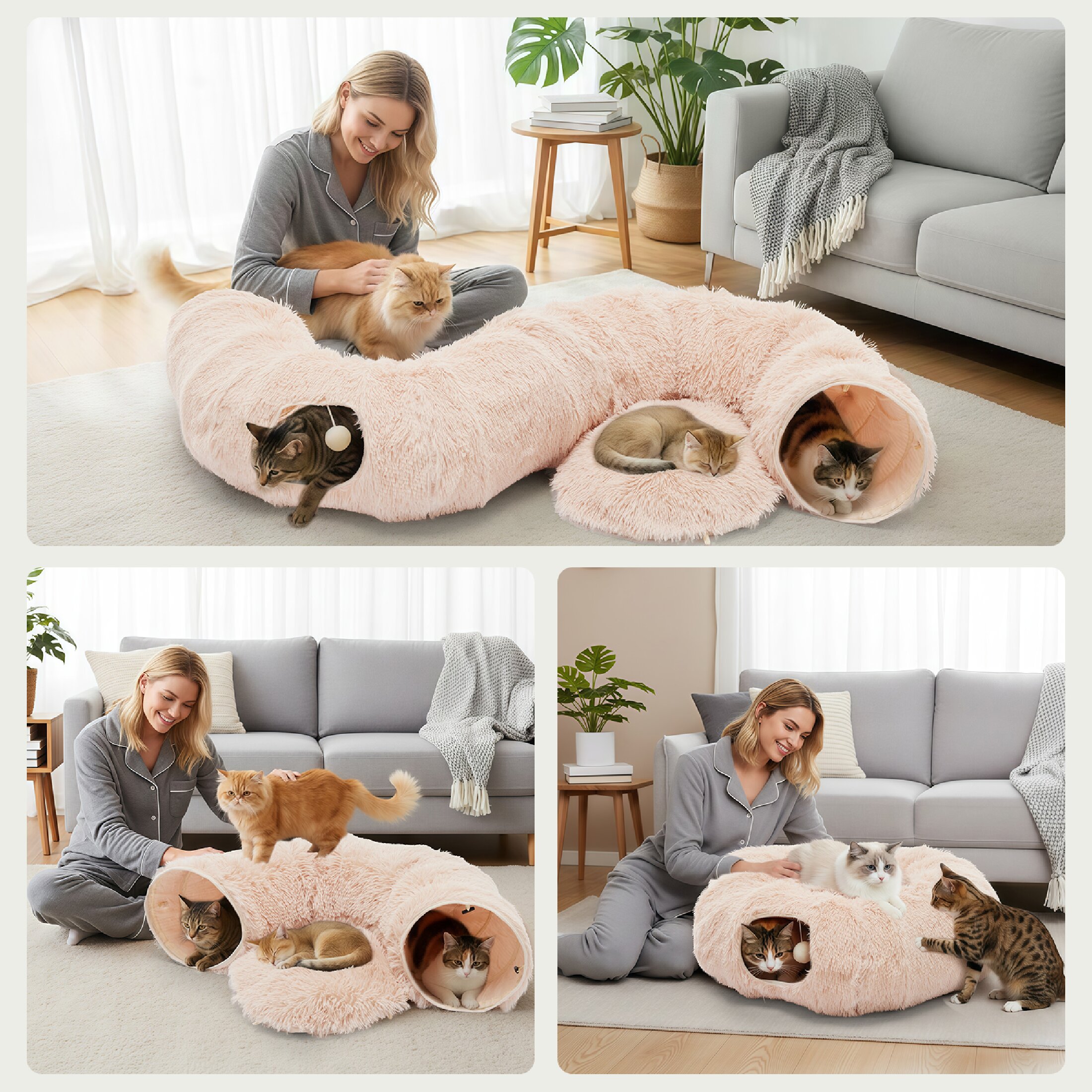 edx Cat Tunnel Bed for Indoor Cats, Soft Plush Peekaboo Hideaway Cave with Circle Cushion, Washable Multifunctional Playground Cat Donut Tunnel for Kittens, Rabbit, Ferret, Light Brown
