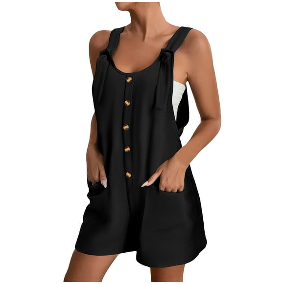 Mono corto de verano informal con botones para mujer - Poliéster, sin mangas, pantalón corto ancho - S-XXL