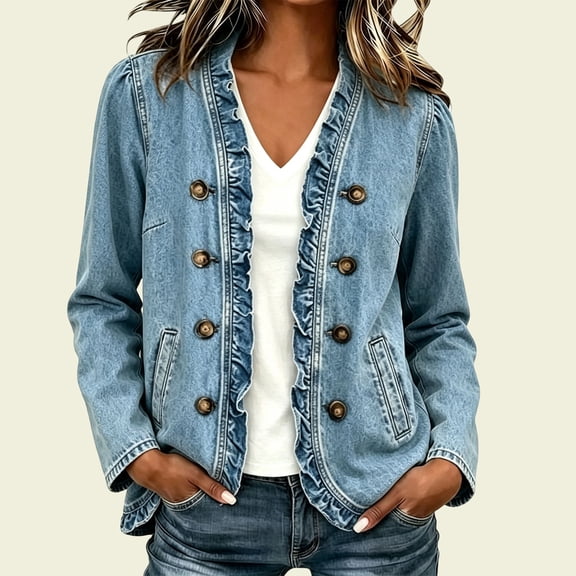 Bgstyu Women's Denim Jacket Ruffle Trim Double Breasted Cropped Top Long Sleeve Casual Open Front Trendy Jean Trendy Denim Jackets Lightweight Fall Coat with Pockets S-3XL