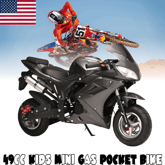 Seipouy 50cc 4-Cycle Gas Pocket Bike, Mini Motorbike with Disc Brakes, Pocket Mini Bike for Kids 8 , Powerful Headlights and Grip-Friendly Handlebar, Birthday for Boys