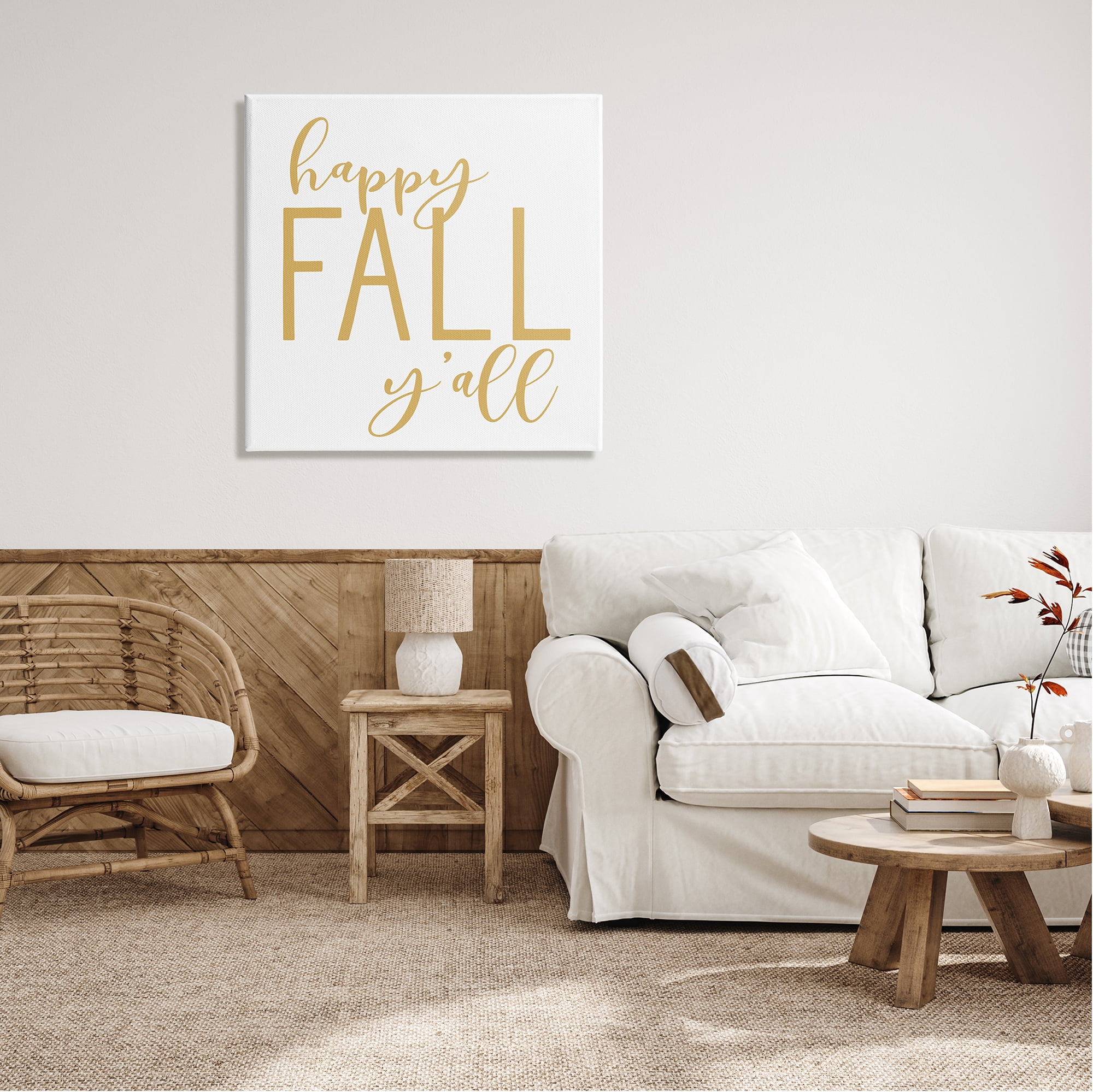 Stupell Industries Happy Fall Y'all Casual Yellow Seasonal Typography Graphic Art Gallery Wrapped Canvas Print Wall Art, Design by Lettered and Lined