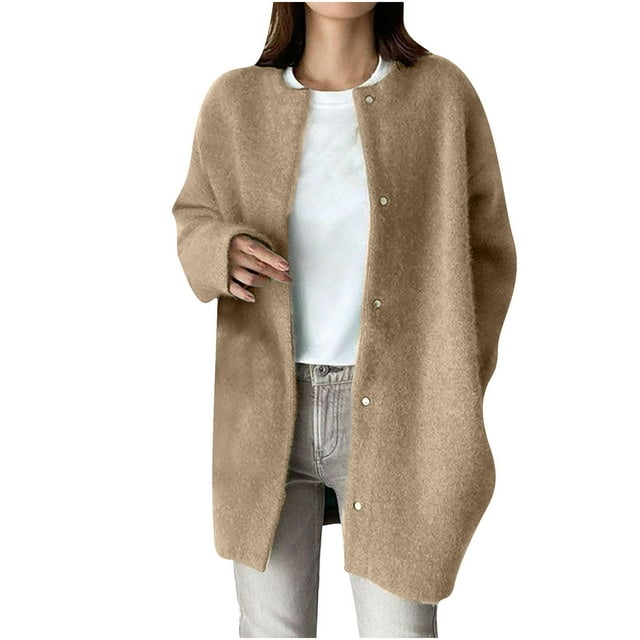 Pompotops Ladies Casual Fashion Loose Plus Long Long Sleeve Pocket Button Plush Jacket