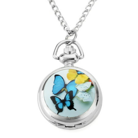 Colorful Butterfly Women Necklace Watch Round Open Box Pendant Quartz Mirror Dial Analog Pocket Watch Analog