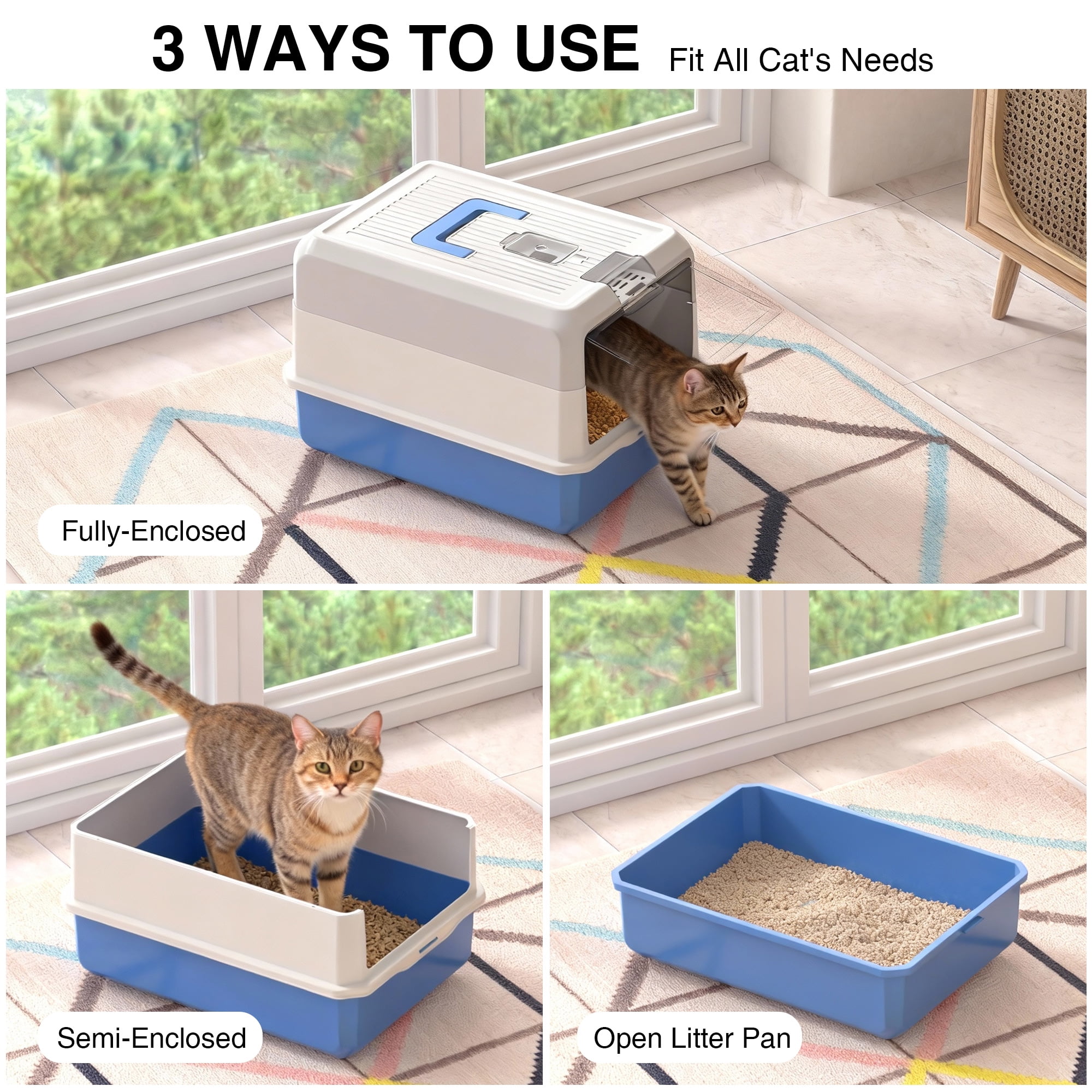 Cat Litter Box Enclosure Large Litter Box with Front Door Flap and Scoop Plastic Blue