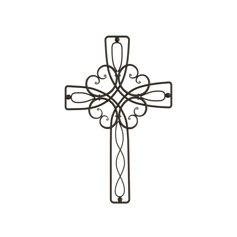 Metal Wall Cross with Decorative Floral Scroll Design- Rustic Handcrafted  Religious Wall Art for Decor in Living Room, Bedroom, More by Lavish Home
