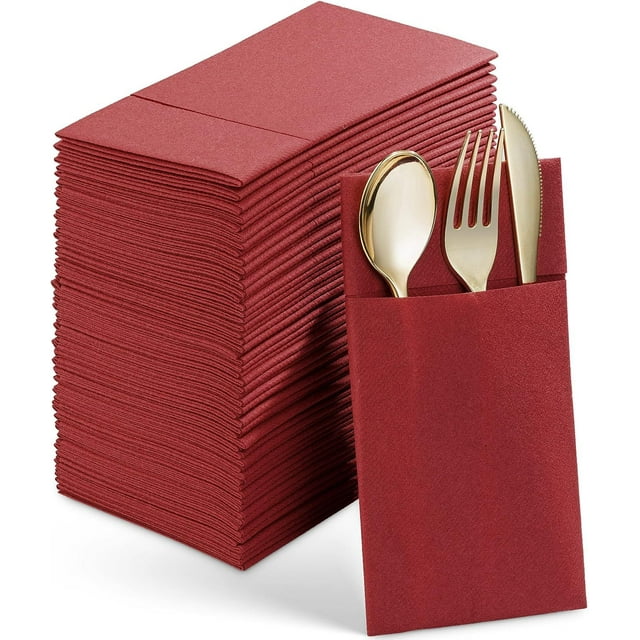 Xiao Hua 50 servilletas desechables con bolsa para cubiertos incorporada, predobladas, adecuadas para decoración de mesas de restaurantes, bodas y fiestas, color rojo vino.